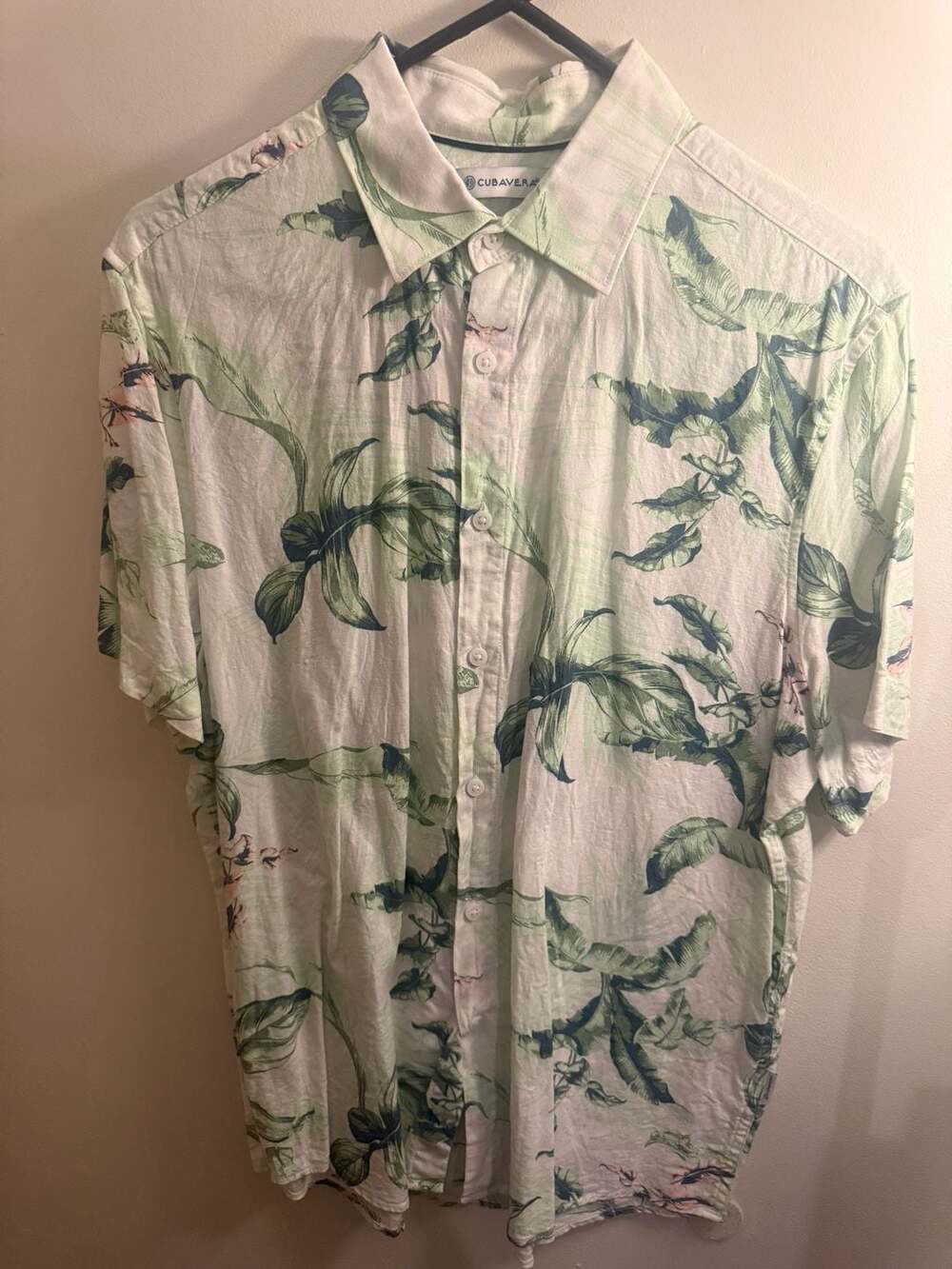 Cubavera Tropical Palm Leaf Short Sleeve Linen Blend Button Up Shirt